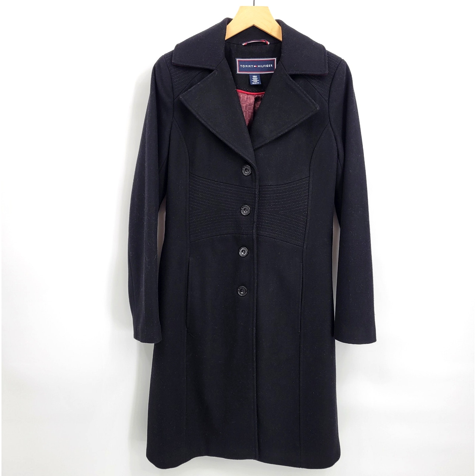 Tommy Hilfiger Xs Black Wool Blend Long Button Up Coat Aline Single Breast